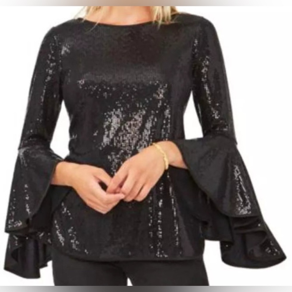 New - Vince Camuto Women’s Sequin Metallic Knit Flutter Bell Sleeve Top